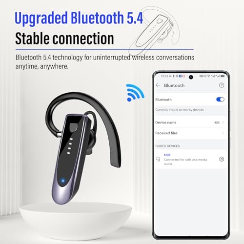 Atheewon Bluetooth Earpiece: Premium Wireless Headset with Advanced Noise-Cancellation | 20-Hour Talk Time & 180-Hour Standby for Ultimate Convenience | Perfectly Ergonomic Design in Modern Silver and White | Bluetooth 5.4 Technology for Reliable Connectivity | Ideal for Business Professionals, Truckers, and Drivers Seeking Crystal-Clear Communication