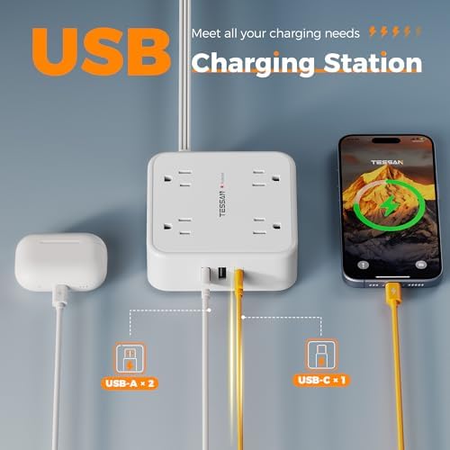 TESSAN Power Strip Tower Surge Protector: 8 AC Outlets & 3 USB Ports (1 USB-C) with 900 Joules Protection, 5 FT Flat Plug Extension Cord – Ultimate Desk Charging Station for Home Office and Dorm Room Efficiency