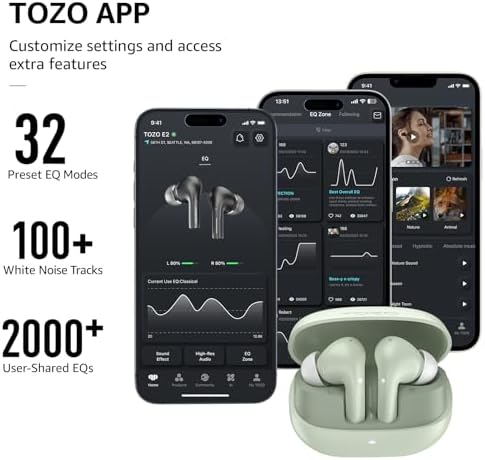 TOZO E2 Wireless Earbuds – Unmatched Sound Clarity with 32 Custom EQ Settings, Smart AI Noise Cancellation for Clear Calls, Enduring 30-Hour Battery Life, Next-Gen Bluetooth 5.3 for Rapid Connectivity, Comfort-Focused Ergonomic Design – Ideal for Music Enthusiasts and Professionals on the Move