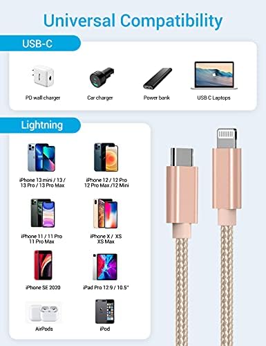 Marchpower MFi Certified USB C to Lightning Charging Cable – Premium Fast Charger for i Phone 14, 13, 12 Pro Max, Mini, 11, X, XS, XR, 8 Plus – Durable Nylon Braided Design in Elegant Gold – Available in 3, 6, 10 ft Lengths for Ultimate Convenience and Style