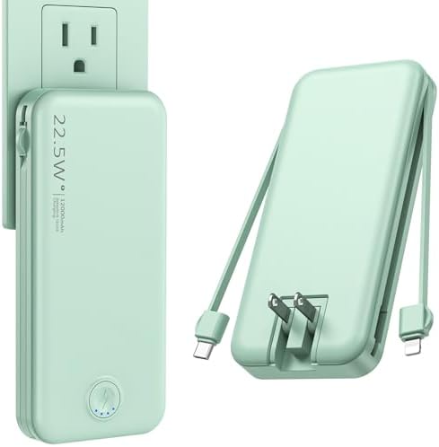 Ultra-Fast Charging Portable Power Bank with Built-In Cable and AC Plug – 12,000 m Ah USB C Travel Charger for i Phone and Android Devices – Lightweight, Compact Design for On-the-Go Power Solutions