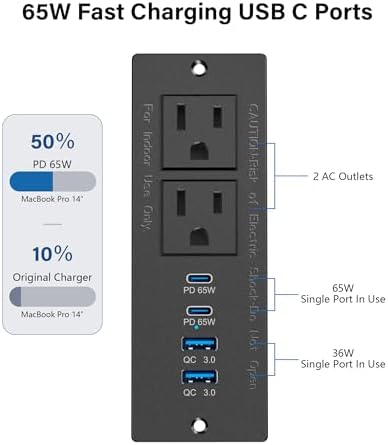 Recessed Power Strip with USB C PD Fast Charging – 30 W Flush Mount Desk Outlet for Space-Saving Convenience, 2 AC Outlets & 2 USB Ports, 6 ft Cord, Ultra Thin Flat Plug for Tidy Workspaces – Perfect for Home Offices and Multi-Device Charging Solutions