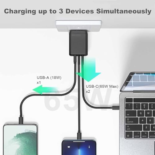 65 W Ga N USB C Charger – Ultra-Fast Compact Travel Adapter with 3 Ports for i Phone 16/15/14/13, i Pad Pro & More – Intelligent Power Delivery for Optimal Charging Speed – Foldable Design for Easy Portability and Storage