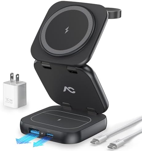 Revolutionize Your Charging Experience with AC Island 5-in-1 Portable Travel Wireless Charger – Fast 15 W Magnetic Stand for i Phone 16/15/14/13, Apple Watch & Air Pods, Includes 35 W Adapter, Ideal for On-the-Go Lifestyle and Enhanced Compatibility