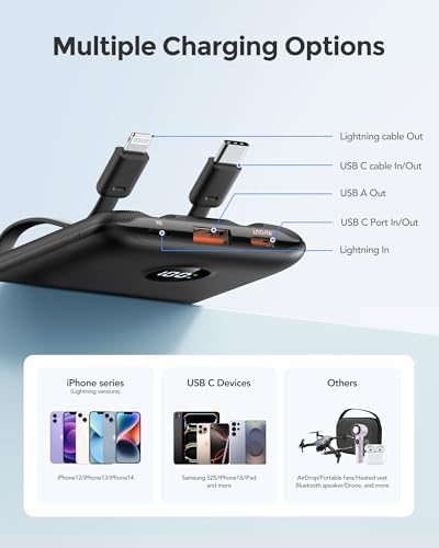 Ultra-Slim 10,000 m Ah Mini Power Bank with Built-in Cables – 22.5 W Fast Charging USB-C Battery Pack for i Phone 16/15/14 and Samsung Galaxy 24/23 – Essential Travel Charger for On-the-Go Power Needs