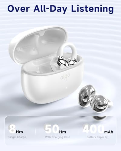 aigo CA05 Open Ear Bluetooth 5.4 Earbuds – Waterproof Wireless Headphones with Clip-On Design, 50 Hours Playtime & Noise Reduction for i Phone, Android, and Laptop – Perfect for Active Lifestyles & Clear Conversations in Vibrant Purple