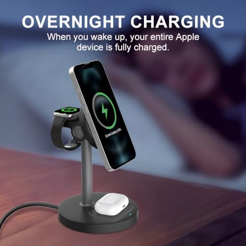 2025 Premium 3-in-1 Wireless Charging Station for i Phone 16/15/14/13/12, Apple Watch 9/Ultra 2, and Air Pods | 20 W Fast Charger with Mag-Safe Alignment, Sleek Black Bedside Dock for Enhanced Device Organization and Efficiency