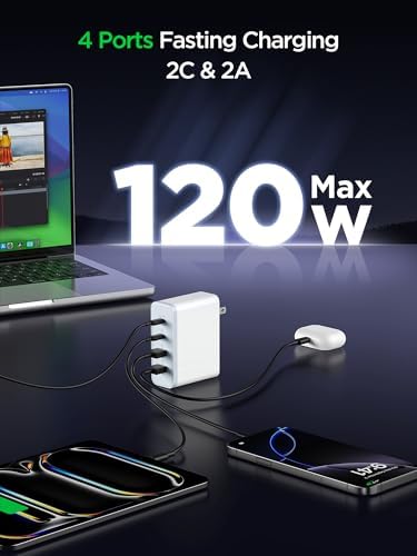 Ultra-Fast 120 W Ga N USB-C Charger with PD3.0 PPS Technology – Compact 4-in-1 Multiport Design for Mac Book Pro/Air, i Phone & Samsung – Rapid Charging for Devices with Advanced Safety Features and Wide Compatibility