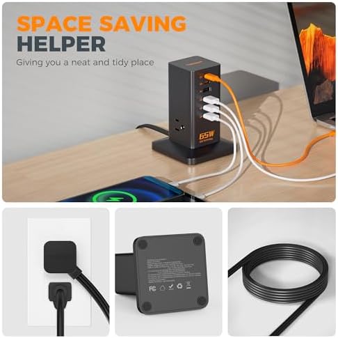 TESSAN 30 W 9-in-1 Multi-Device Charging Station with Surge Protection – Ultimate Charger Block for i Phone 16/15/14/13, Tablets, and Earphones – 5 ft Flat Extension Cord with 4 USB A & 2 USB C Ports – Compact Design for Home, Office, or Dorm – Enhanced Safety and Efficiency