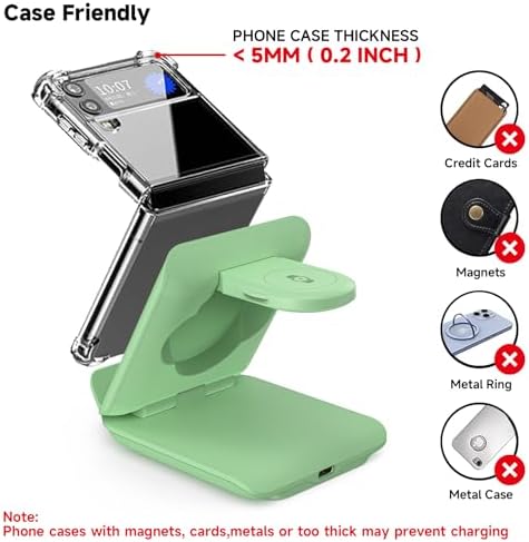Geyo 2-in-1 Foldable Wireless Charger for Samsung Galaxy Z Flip Series & Galaxy Devices – Travel-Friendly Fast Charging Stand for Galaxy Z Flip 6/5/4/3, S24 Ultra/S23/S22/Note 20, Galaxy Watch 7/Ultra/6/6 Classic – Stylish Green Finish with Enhanced Compatibility and Safety Features