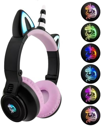 Enchanting Unicorn Wireless Headphones for Kids – Stylish Pink Foldable Design with Light-Up Features, Perfect for Tablets and Toddlers – Superior Sound Quality and Comfort for Magical Listening Adventures – Durable, Adjustable, Tangle-Free Fun for Every Little Girl