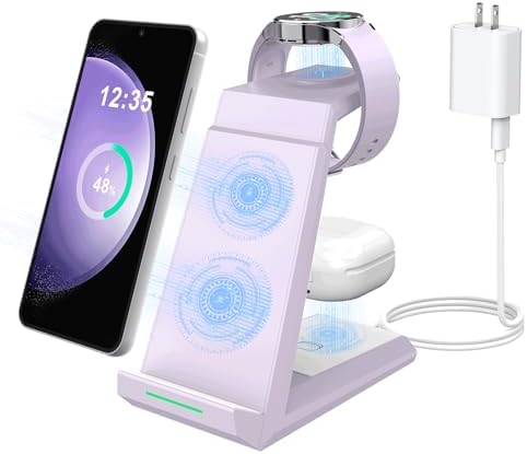 ADADPU 3-in-1 Wireless Charging Station for Samsung Devices – Fast Charging Dock for Galaxy S25, S24, S23, S22, S21, Galaxy Watch Series 7/6/5/4/3/Pro & Galaxy Buds – Includes 5 ft Cable & Adapter for Enhanced Efficiency and Connectivity