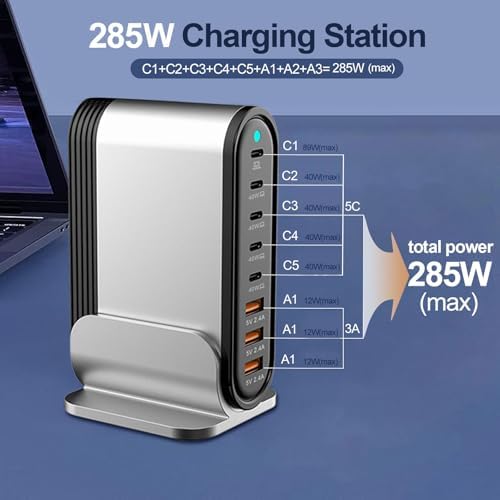 285 W USB-C Fast Charging Hub – 8-Port Multi-Device Power Adapter for Laptops, Tablets & Smartphones – Ultimate Solution for Mac Book Pro/Air, DELL, i Pad Pro/Air, i Phone 16/15/14, Galaxy S23/22 – Compact Design with Advanced Safety Features for Optimal Performance and Efficiency