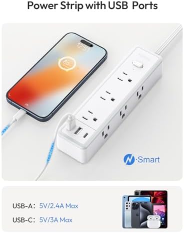 Stylish Pink Surge Protector Power Strip by NTONPOWER – 15 FT Flat Extension Cord with 9 AC Outlets & 3 USB Ports (1 USB-C), 1080 J Surge Protection for Home, Dorm, and Desk Use – Perfect for Women Seeking Efficiency and Aesthetic