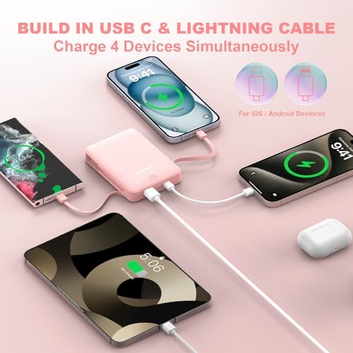 Premium 10000 m Ah Slim Portable Power Bank with Dual Built-In Cables – Fast 22.5 W Quick Charge for i Phone 11-16 & Android Devices – Ultra-Lightweight Travel Companion with 4 Outputs – Complete Charging Solution Including Wall Charger & Organizer – Versatile Compatibility for All Your Gadgets