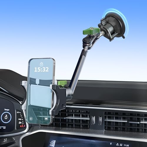 Car Phone Holder-Phone Mount for Car Windshield & Truck-Holder with 360° Rotating Metal Arm-Mount with Super Stable Suction Cup for All Vehicles – Enhanced Compatibility and Speed