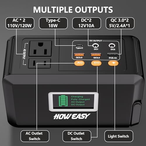 Ultimate HOWEASY 120 W Portable Power Bank – 24000 m Ah High-Capacity Laptop Charger with Dual AC Outlets, Triple DC Ports, and Dual USB QC3.0 Fast Charging – Perfect for Camping, Travel, and Emergency Power Supply with Built-in LED Light