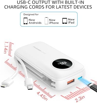 Ayeway Ultra-Compact 10,000 m Ah Portable Power Bank with Integrated Charging Cable – Fast USB C Battery Pack for i Phone, Samsung, and 5 V Heated Vests – Lightweight, Multi-Device Charging Solution for On-the-Go Connectivity