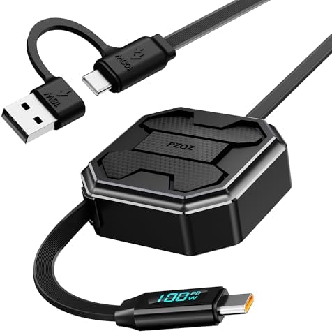 PZOZ 100 W Retractable 2-in-1 Charging Cable with LED Display | Multi-Device USB A & C Compatibility | Fast Charging for i Phone 16/15, i Pad, Mac, Samsung | Tangle-Free Design for Car & Desktop Use | Enhanced Durability and Speed