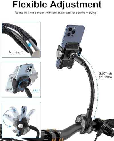 Ultimate Versatile Gooseneck Smartphone Holder for Wheelchairs, Strollers, and Golf Carts – Adjustable Clamp for i Phone & Android Devices – Hands-Free Convenience for Active Lifestyles and Indoor Cycling Enthusiasts