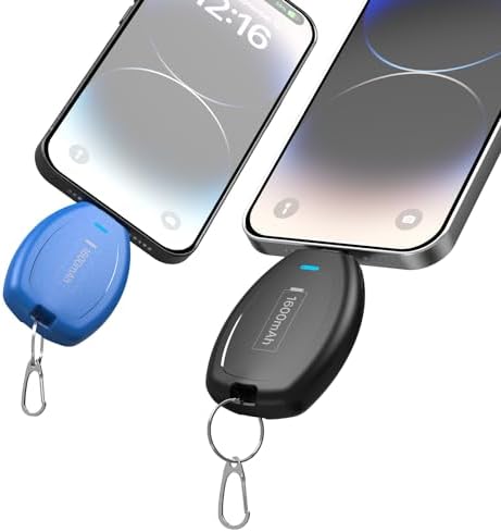 Dual-Pack Keychain Portable Charger for i Phone and Air Pods – 1600 m Ah Mini Power Bank in Sleek Black & Vibrant Blue – Compact and Efficient Emergency Power Supply for i Phone 14/14 Plus/14 Pro Max/13/13 Pro Max/12 Mini/11 Pro/6 S – Ultimate On-the-Go Charging Solution with Enhanced Compatibility and Fast Charging Features – Perfect for Daily Commutes, Travel, and Emergencies – Stylish and Durable Design for Long-lasting Performance