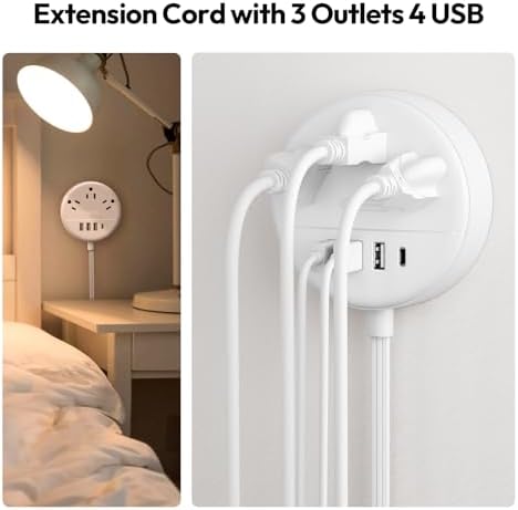 25 ft NTONPOWER Power Strip with 3 AC Outlets & 4 USB Charging Ports – Versatile Wall Mountable Desktop Solution for Home, Office, and Dorm – Sleek White Design for Enhanced Connectivity and Efficiency