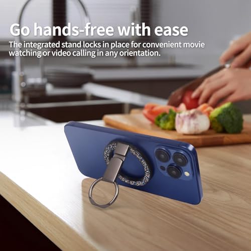 Glitter Silver Magnetic Phone Ring Stand – Ultra-Thin, 360-Degree Rotating Grip for i Phone 16/15/14/13/12 – Stylish Finger Loop Holder Enhancing Usability and Drop Protection