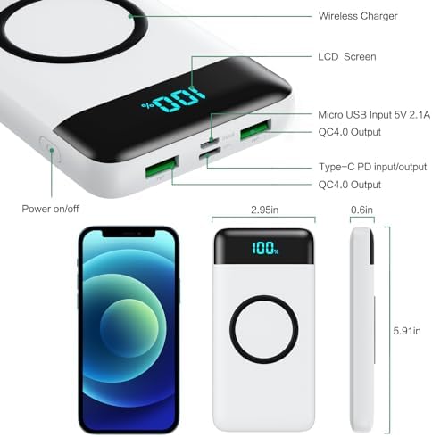 Ultra-High Capacity 30,800 m Ah Wireless Power Bank – 15 W Fast Charging & 25 W PD QC4.0 – Smart LED Display with 4 Outputs & 2 Inputs – Versatile USB-C External Battery Pack for i Phone, Samsung & More – Travel-Ready Charging Solution in Sleek White Finish