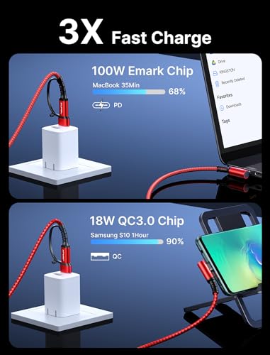 JSAUX 100 W USB C Cable 2-Pack – 10 FT Right-Angle Charging Cords with Fast Data Transfer for i Phone 16, Samsung Galaxy, i Pad & Mac Book – Durable & Flexible Design for Effortless Charging in Tight Spaces