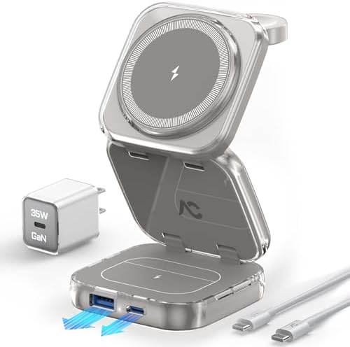 Revolutionize Your Charging Experience with AC Island 5-in-1 Portable Travel Wireless Charger – Fast 15 W Magnetic Stand for i Phone 16/15/14/13, Apple Watch & Air Pods, Includes 35 W Adapter, Ideal for On-the-Go Lifestyle and Enhanced Compatibility