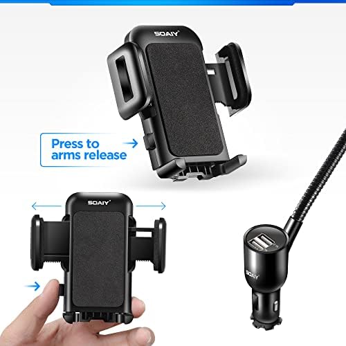 SOAIY 3-in-1 Cigarette Lighter Car Mount with Voltage Detector – Dual USB 3.1 A Charger, Flexible Gooseneck, and 360° Rotating Cradle for Enhanced Smartphone Compatibility (Fits 1.7-3.7 Inch Devices) – Ultimate Driving Convenience and Safety Solution
