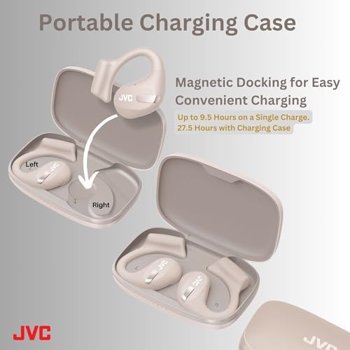 JVC Nearphones: Open Ear True Wireless Earbuds with 16 mm Drivers for Immersive Sound Quality, 38-Hour Battery Life, and Ultra-Portable Design – Ideal for Active Lifestyles and Enhanced Situational Awareness (Beige) – Effortless Device Pairing for Seamless Listening Experience