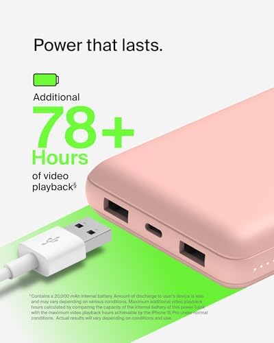 Belkin 20000 m Ah USB-C Power Bank – Dual USB-A Ports, Fast 15 W Charging for i Phone 16/15 Plus, Samsung Galaxy S25, Pixel, i Pad, Nintendo Switch 2 – Travel-Friendly Design in Pearl Blue for Enhanced Device Compatibility and On-the-Go Power