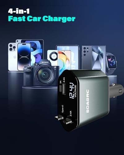 Rapid Charge Retractable Car Charger 69 W – Versatile 4-in-1 Accessory for i Phone 16/15/14 & Android Devices, Dual USB-A & USB-C Ports, Tangle-Free Travel Essential for Men & Women, Enhanced Fast Charging Solution for Road Trips