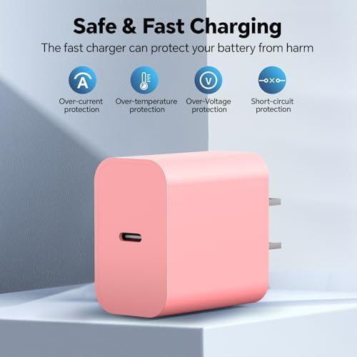 20 W Fast Charging USB C Charger Block in Chic Pink – Includes 6 TF/10 FT Type C to USB-C Cable – Optimized for i Phone 16 Series, i Pad & More – Perfect for Home, Office & Travel – Safe, Reliable, and Stylish Charging Solution