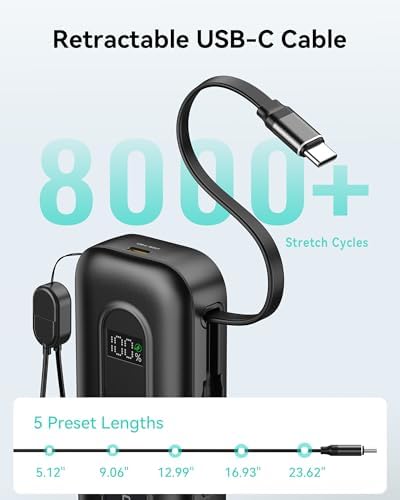 Ultra-Fast 30 W Retractable Portable Charger – 10,000 m Ah Power Bank with Built-In Cables for i Phone, i Pad & Samsung – Airline-Approved Travel Powerbank with Smart Display & Detachable Strap for Ultimate Convenience