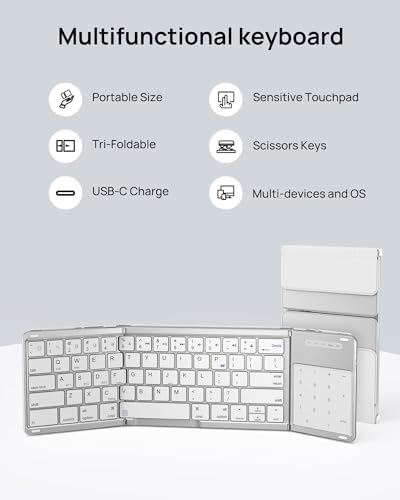 SODI Portable Foldable Wireless Keyboard with Touchpad – Rechargeable Travel-Friendly Keyboard for Mac, i Pad, and i Phone – Includes PU Leather Cover and Stand Holder for Enhanced Productivity on the Go