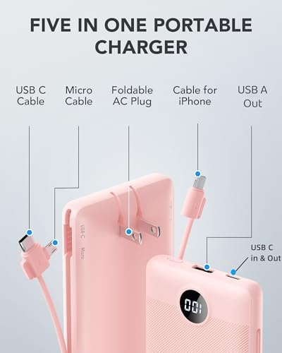VRURC 10,000 m Ah USB C Power Bank with Built-in Cables & AC Wall Plug – Compact Lightweight Travel Charger for Smartphones & Tablets – Ultimate Convenience & Enhanced Charging Speed