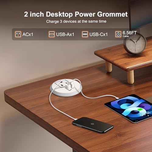 Transform Your Workspace with the 20 W USB-C Fast Charge Recessed Power Grommet – 2-Inch Flush Mount Desk Outlet Featuring 6.5 FT Extension Cord for Effortless Connectivity in Home, Office, School, or Hotel – Ultimate Space-Saving Power Solution with Enhanced Device Compatibility