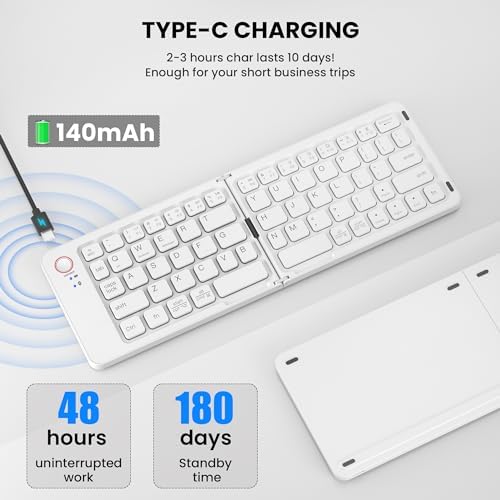 Ultimate Mini Wireless Folding Keyboard for Travel – Sync 3 Devices Effortlessly, Premium Aluminum Design for i Phone, i Pad, Mac, Android & Windows – Compact & Portable Full-Size Typing Solution