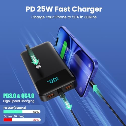 High-Capacity 40800 m Ah Portable Charger with Integrated Cables – Fast PD 25 W USB-C & QC4.0 Power Bank for i Phone 15/16 and Samsung – Smart LED Indicator, 5 Outputs for Multi-Device Charging – Ultimate Travel Companion for On-the-Go Power Solutions