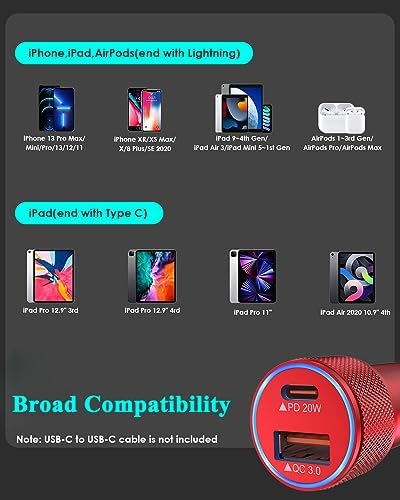 High-Performance i Phone Car Charger – Dual-Port 38 W USB-C & QC3.0 Fast Charging Adapter with 2 Lightning Cables, MFi Certified for i Phone 14, 13 Pro Max, 12, 11, X – Sleek Grey Design for Enhanced Compatibility and Efficiency on the Road