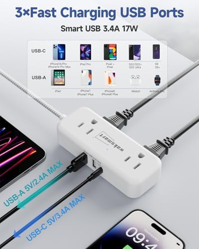 Sleek Flat Plug Power Strip with 5 Ft Extension Cord – 4 AC Outlets & 3 Fast-Charging USB Ports (5 V/3.4 A) – Compact Travel-Friendly Power Solution for College Dorms, Home Offices, and On-the-Go Charging – Maximize Space and Connectivity