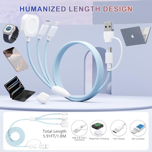 Universal 4-in-2 Travel Charging Cable – 6 FT Versatile Connector for Apple Watch, i Phone, Android Devices, i Pad & Air Pods – Stylish Pink Design for Effortless Portability – Fast Charging & Enhanced Compatibility for All Your Tech Needs – Essential Travel Accessory for Modern Device Users