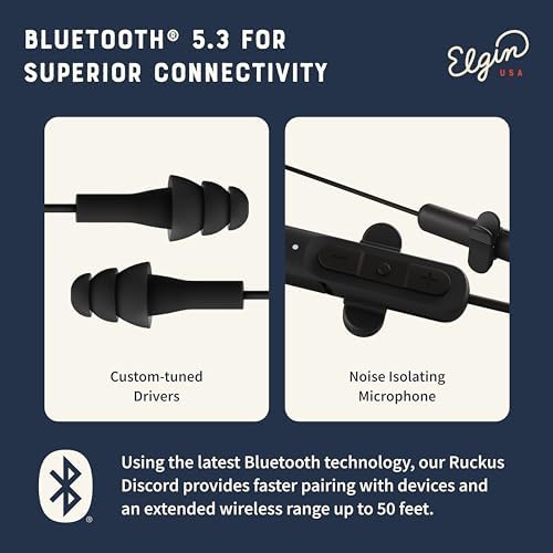 Elgin Ruckus OSHA Compliant Wireless Bluetooth Earplug Headphones – Advanced Noise Cancelling Earbuds with 25 d B Hearing Protection, 12-Hour Battery Life, and IP65 Sweatproof Design for Professionals – Superior Audio Clarity and Communication for Workplace Safety and Outdoor Adventures