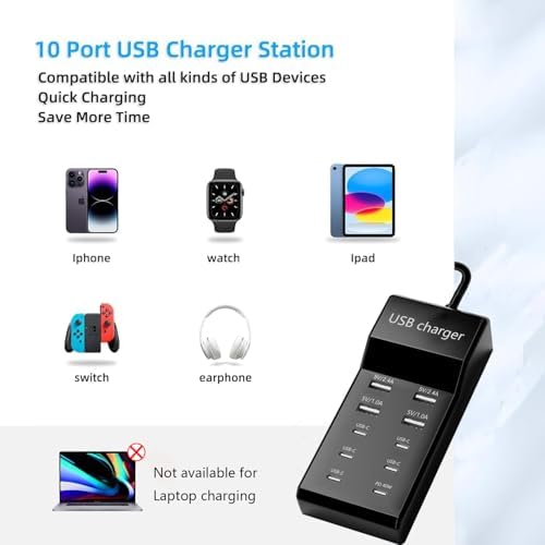 Maximize Your Charging Potential with the 10-Port USB Charger Block – 100 W Fast Charging Hub for i Phones, i Pads, Samsung Galaxy, and Android Devices – Sleek, Compact Design with Smart Power Distribution and Enhanced Safety Features for Multi-Device Families and Professionals