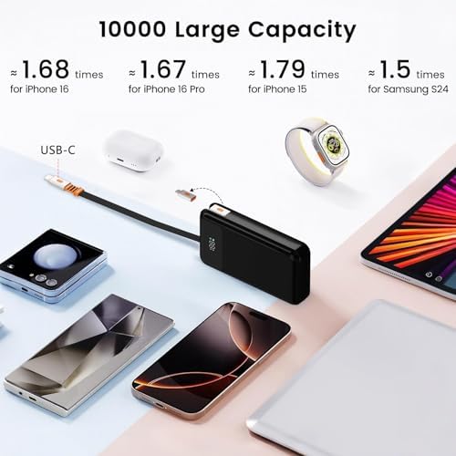 LUCKYDUO 10000 m Ah Power Bank with Retractable 2.3 ft Charging Cable – Ultra-Compact Fast Charging USB-C Battery Pack for i Phone 16/15/Pro & Samsung – LED Display for Travel-Friendly Power Solution and Universal Device Compatibility