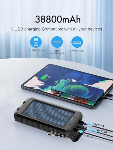 Ultimate 38800 m Ah Waterproof Solar Power Bank – High-Capacity Outdoor Charger with Dual USB-C Ports & Integrated LED Flashlights for i Phone, Samsung, i Pad – Perfect for Camping, Hiking, and Outdoor Adventures