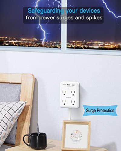 Maximize Power Efficiency with 6 ft Flat Electrical Outlet Extender – 4 Outlets & 3 USB-C Ports, Space-Saving Surge Protector for Home & Office, Rapid Device Charging Power Hub, Sleek White Design