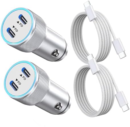 i Phone 14 Dual Port Fast USB C Car Charger | Apple MFi Certified 38 W Quick Charge Adapter with 2 Lightning Cables | Sleek Metal Design for Optimal Durability and Compatibility with i Phone 14, 13 Pro Max, Mini, 12, 11 & Air Pods | Reliable On-the-Go Power Solution for Busy Lifestyles